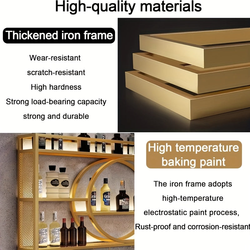 Wall Mounted Wine Bottle Rack with LED Lighting 3-Tier Floating Iron Shelf with Glass Holder for Kitchen Living Room Bar Golden Black 39-55 Inch