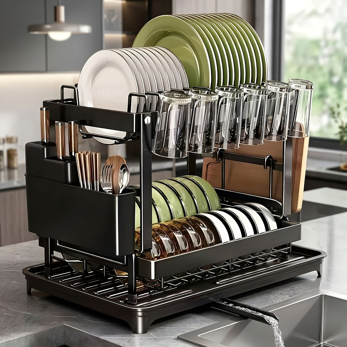 2-Tier Dish Drying Rack with Drainboard – Black Metal Two-Level Dish Drainer with Drainage for Kitchen Counter, Standing Dish Holder Organizer Shelf for Plates, Cups & Utensils