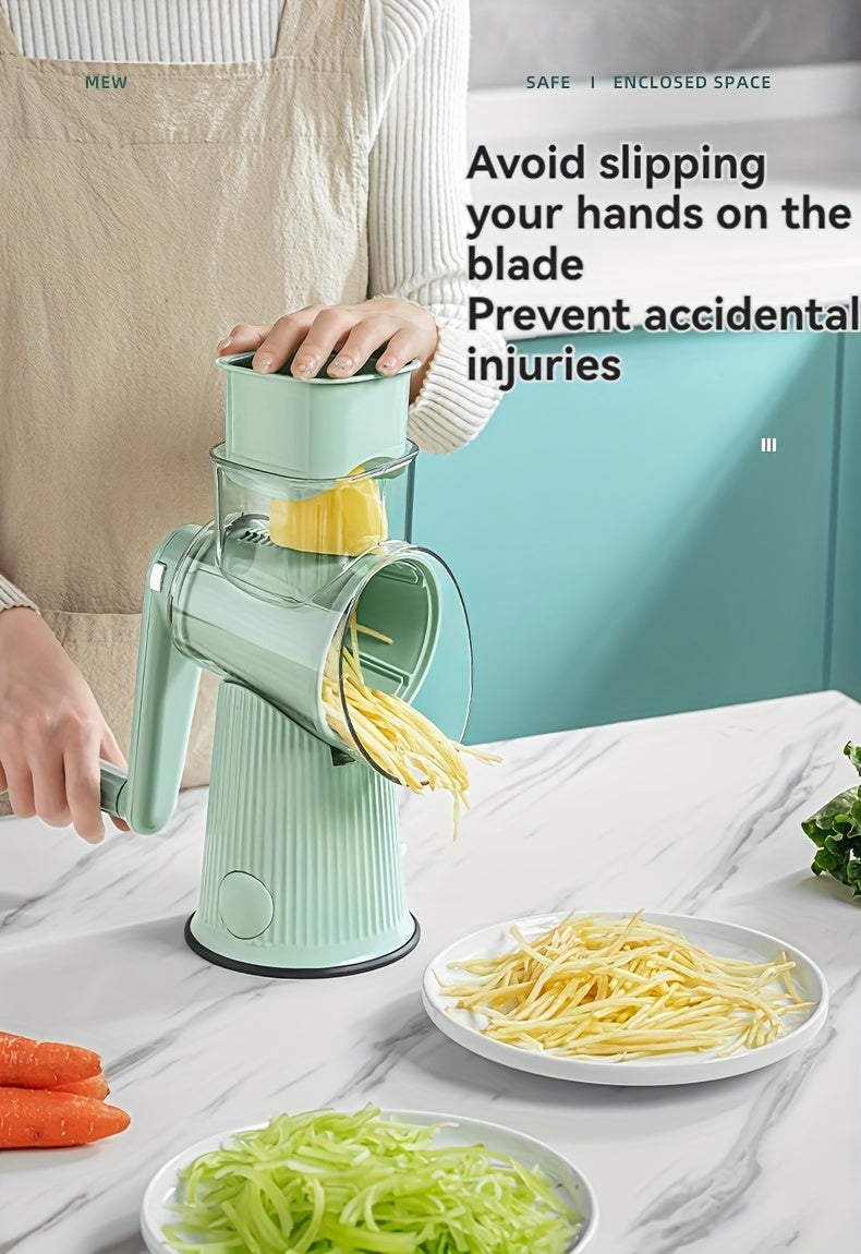 5-in-1 Rotary Cheese Grater with Interchangeable Blades, Suction Cup Base & Handle – Manual Vegetable Slicer Shredder for Cheese, Fruits, Nuts & Vegetables – Easy Clean Kitchen Tool Set