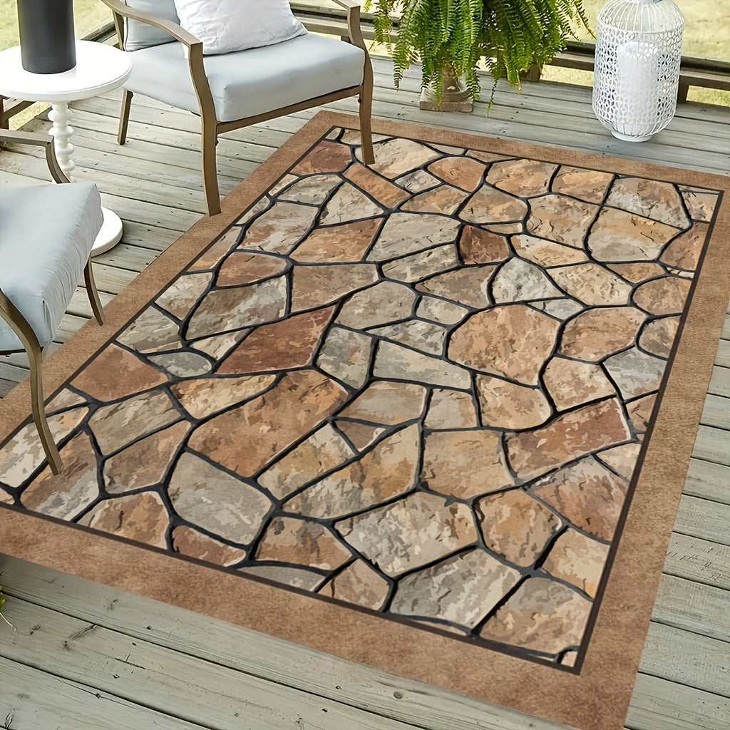 Outdoor Patio Rug Washable Stone Pattern Rectangular Carpet – Durable Indoor Outdoor Mat for Patio, Garden, Camping, RV & Sunroom | Multiple Sizes
