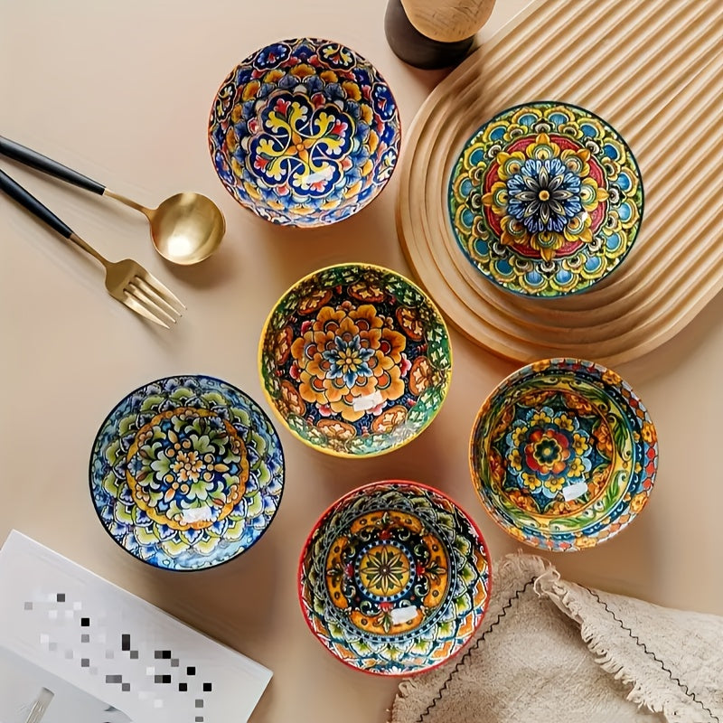 Bohemian Mandala Ceramic Bowl Set 6 Piece Mediterranean Style Colorful Paisley Tableware Microwave Safe Soup Dessert Noodle Salad Bowls for Family Gatherings