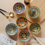 Bohemian Mandala Ceramic Bowl Set 6 Piece Mediterranean Style Colorful Paisley Tableware Microwave Safe Soup Dessert Noodle Salad Bowls for Family Gatherings