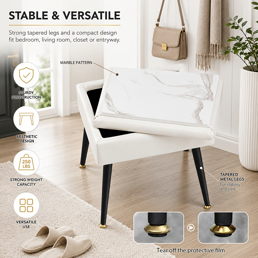Vanity Chair with Storage PU Leather Makeup Stool Shoe Changing Ottoman Dual Purpose Seat 4 Gold Metal Legs Bedroom Living Room Study Cream White Black Pink Purple