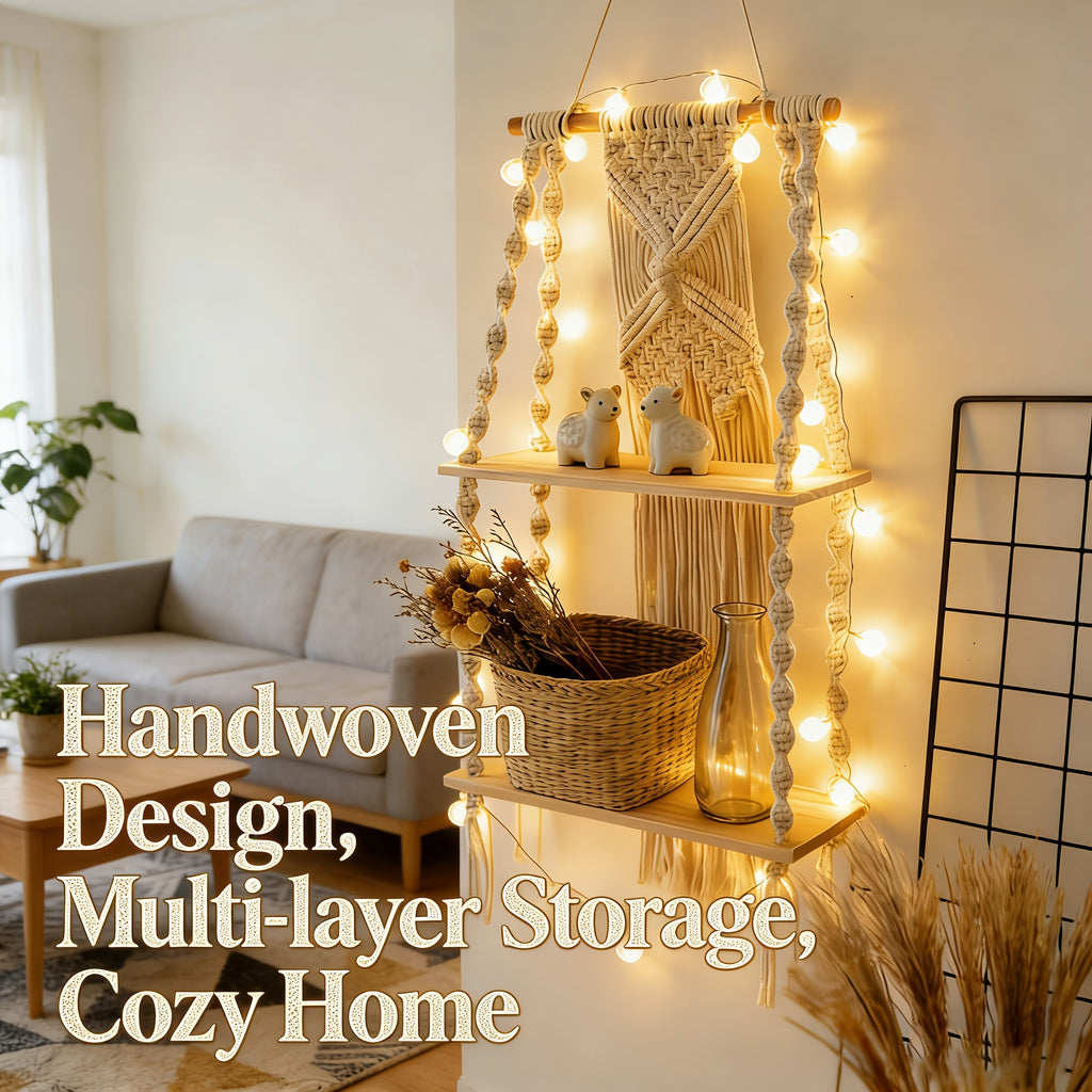 Bohemian Hand-Woven Wooden Wall Rack – Decorative Floating Shelf for Bedroom & Bathroom, Boho Wall Decor Storage Organizer