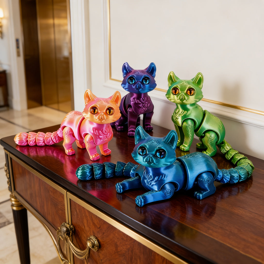 6-Pack 3D Printed Articulated Cat Figurines with Poseable Joints - Realistic Desktop Display Ornaments in Random Colors, Cool Home Decor & Christmas Teen Gift