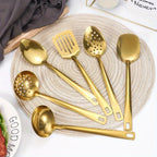 6-Piece Korean Style Stainless Steel Kitchen Utensil Set Golden Plated Cooking Spoons Frying Spatulas Hot Pot Clips with Filters