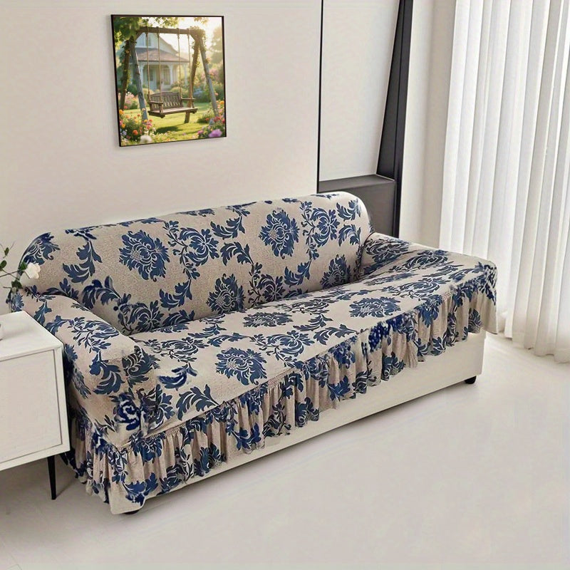 High-Stretch Print Sofa Cover with Non-Slip Fixed Rod All-Season Snug-Fit Couch Slipcover – Stable, Beautiful & Practical Furniture Protector for Living Room, Skirt Style Design