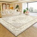 Plush Velvet Floral Geometric Area Rug 850 GSM Machine Washable Non-Slip Soft Beige Cream for Living Room Bedroom Office – Multiple Sizes