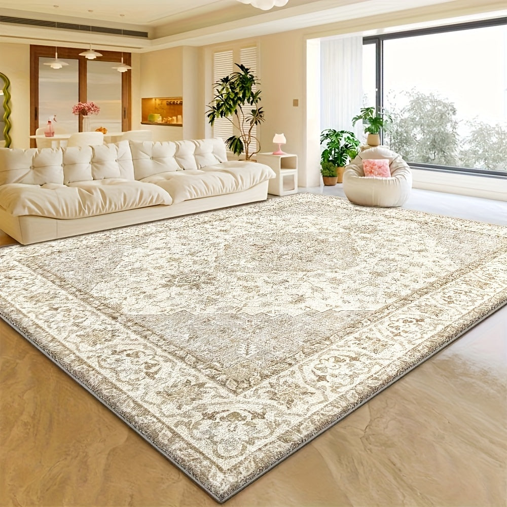 Plush Velvet Floral Geometric Area Rug 850 GSM Machine Washable Non-Slip Soft Beige Cream for Living Room Bedroom Office – Multiple Sizes