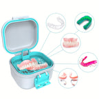 Denture Bath Case with Drainage Basket - Leak Proof Portable Travel Denture Soaking Cup Storage Container Silicone Ring Safety Buckle