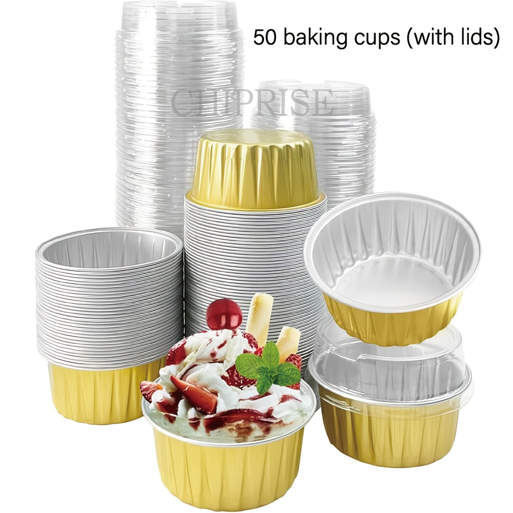 Aluminum Foil Baking Cups with Lids – Assorted Color Cupcake & Muffin Tins for Parties, Weddings & Events | 50-Pack with Lids or 30-Set with Spoons