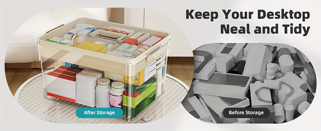 Large Capacity Pill Organizer Box with Easy-Grip Handles – Multi-Layer Plastic Medicine Storage Container for Home, Travel & Office, Secure Space-Saving Household Sundries Organizer