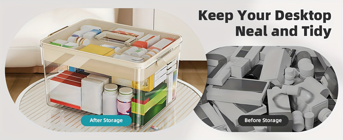 Large Capacity Pill Organizer Box with Easy-Grip Handles – Multi-Layer Plastic Medicine Storage Container for Home, Travel & Office, Secure Space-Saving Household Sundries Organizer