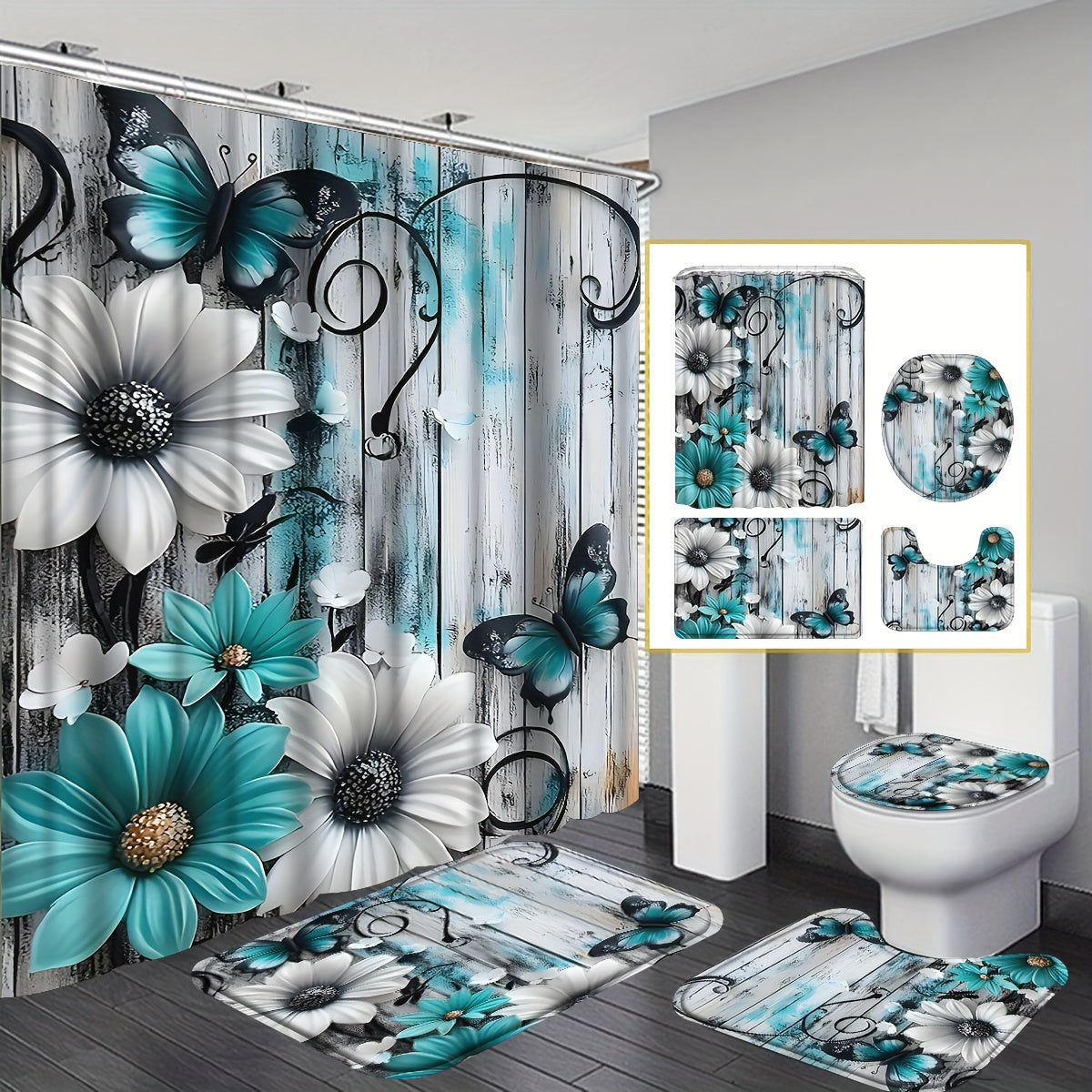 4pcs Floral Butterfly Shower Curtain Set Teal White with 12 Hooks Bath Rug - 2D Print Bathroom Decor Gift for Women Men Home Decoration | Nuvia Haven