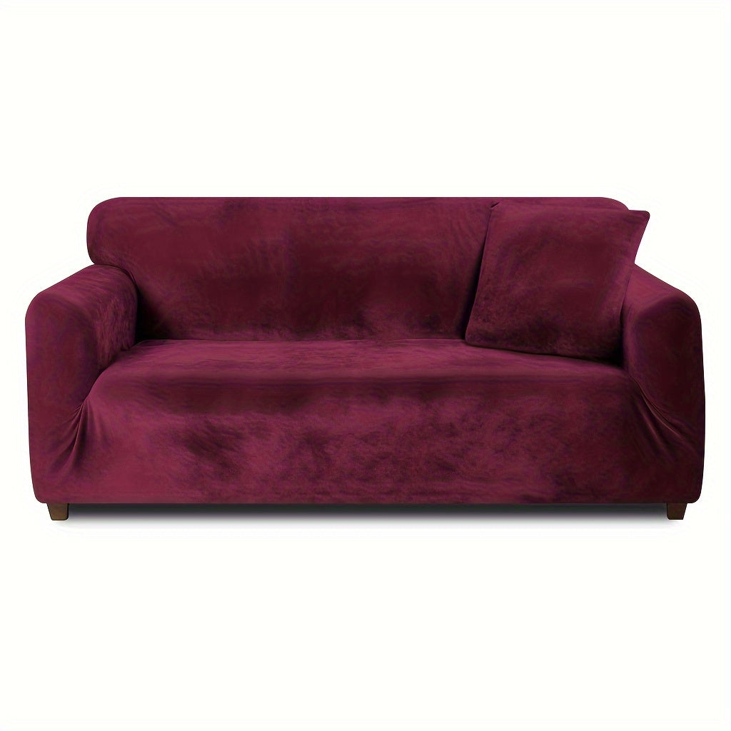 Velvet Stretch Sofa Cover Slipcover – Thick High-Elasticity Plush Couch Cover for L-Shape 1 2 3 4 Seater, Polyester Spandex Furniture Protector with Pillowcase for Living Room