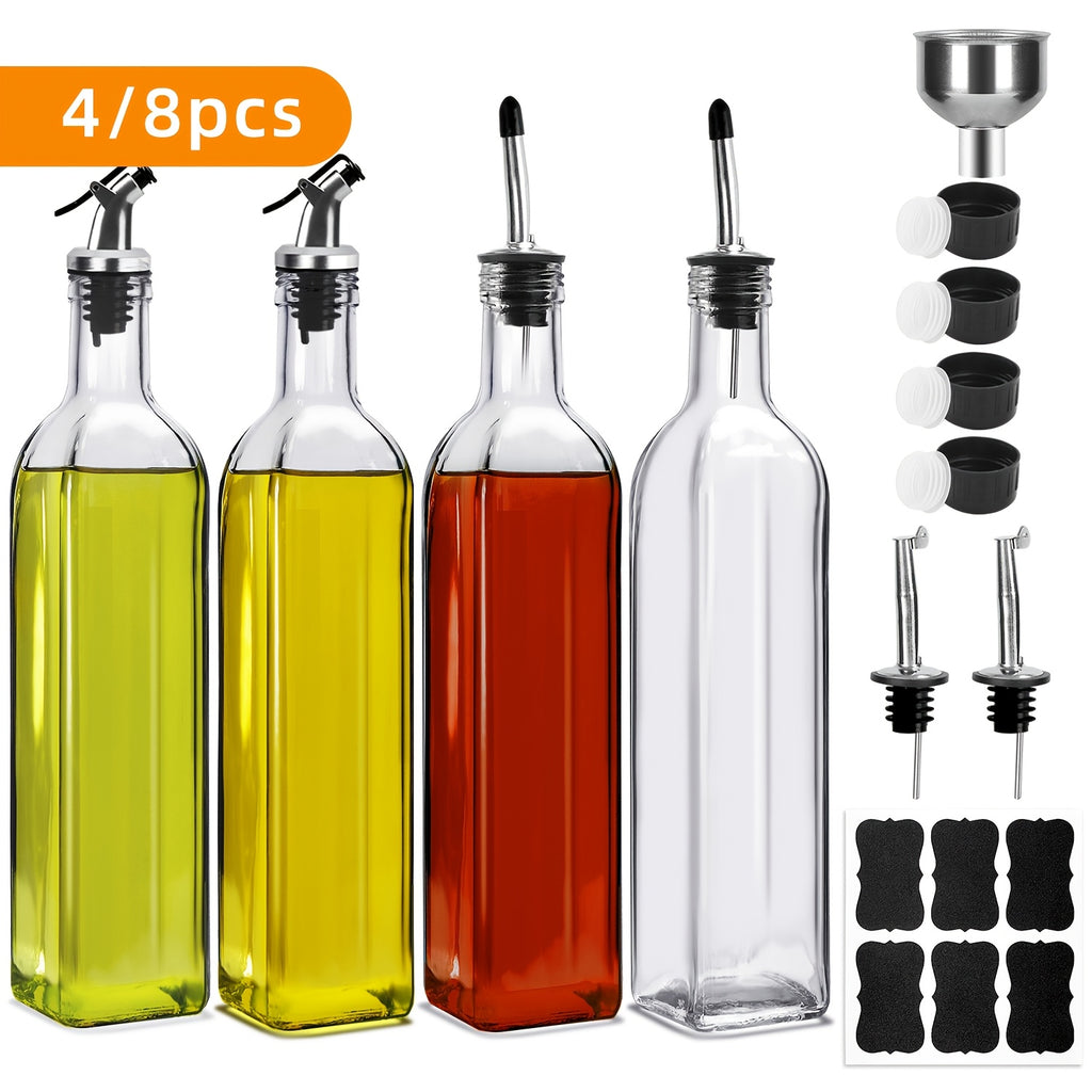 Glass Oil Dispenser Bottles Set 4/8pcs, 17oz Square Borosilicate Glass Olive Oil & Vinegar Dispenser with Spout, Funnel, Labels & Lids, Kitchen Condiment Containers for Home, Restaurant & Outdoor