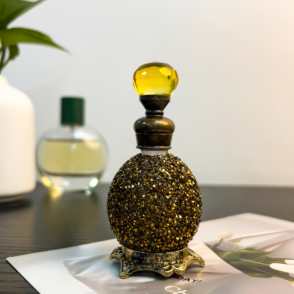 Vintage Crystal Arabic Style Empty Essential Oil Bottle 0.51oz - Portable Imitation Crystal Perfume Vial for Dressing Table, Travel & Gift Decoration