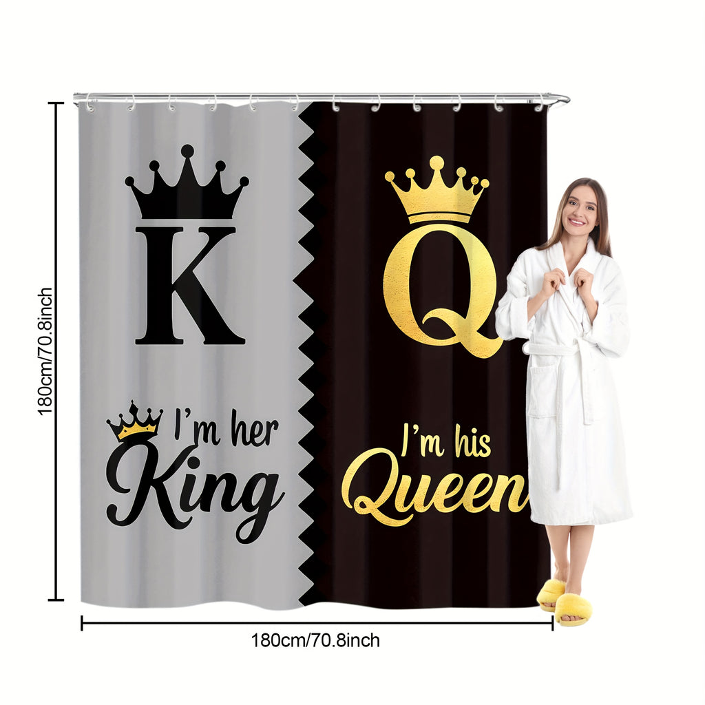 King Queen Shower Curtain Set 4pcs – Bathroom Curtain with 12 Hooks, Non-Slip Rug, Toilet U-Shape Mat & Lid Cover, Modern Bathroom Accessories