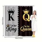 King Queen Shower Curtain Set 4pcs – Bathroom Curtain with 12 Hooks, Non-Slip Rug, Toilet U-Shape Mat & Lid Cover, Modern Bathroom Accessories