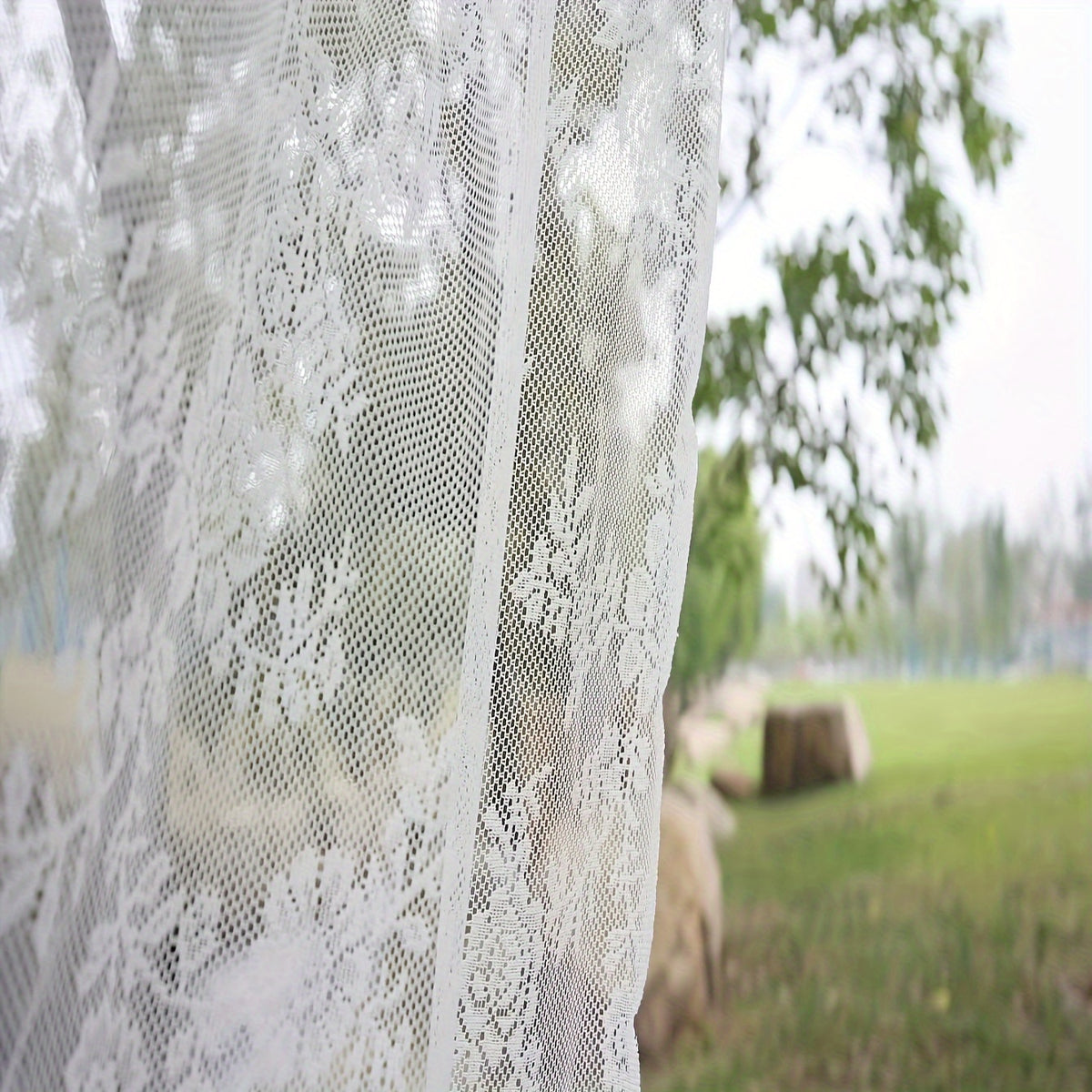 Vintage Floral Lace Sheer Curtains 2 Panels - Yarn-Dyed Dotted Netting Rustic Pastoral Semi-Sheer, 59" Wide Light Filtering Machine Washable for Living Room Kitchen Door Outdoor Wedding, White Green Black