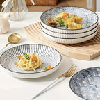 Nordic Ceramic Dinner Plates 8-Inch Set of 4 – Yamada Pattern & Springlight Stripe Serving Plates Underglaze Color Non-Slip Edge Round Steak Plate for Home Kitchen Dining
