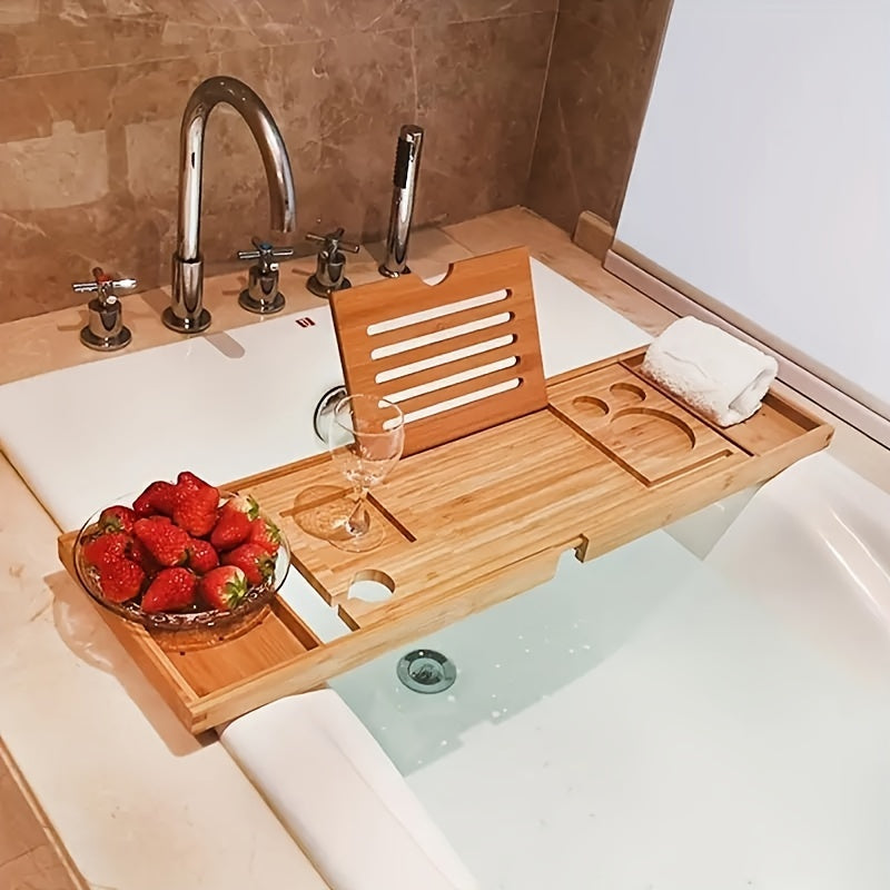 Bathtub Caddy Tray Expandable Bamboo Adjustable Width, Retractable Bath Tray Rack with Reading Holder – Water-Resistant Space-Saving Bathtub Accessories for Relaxing Bath Time