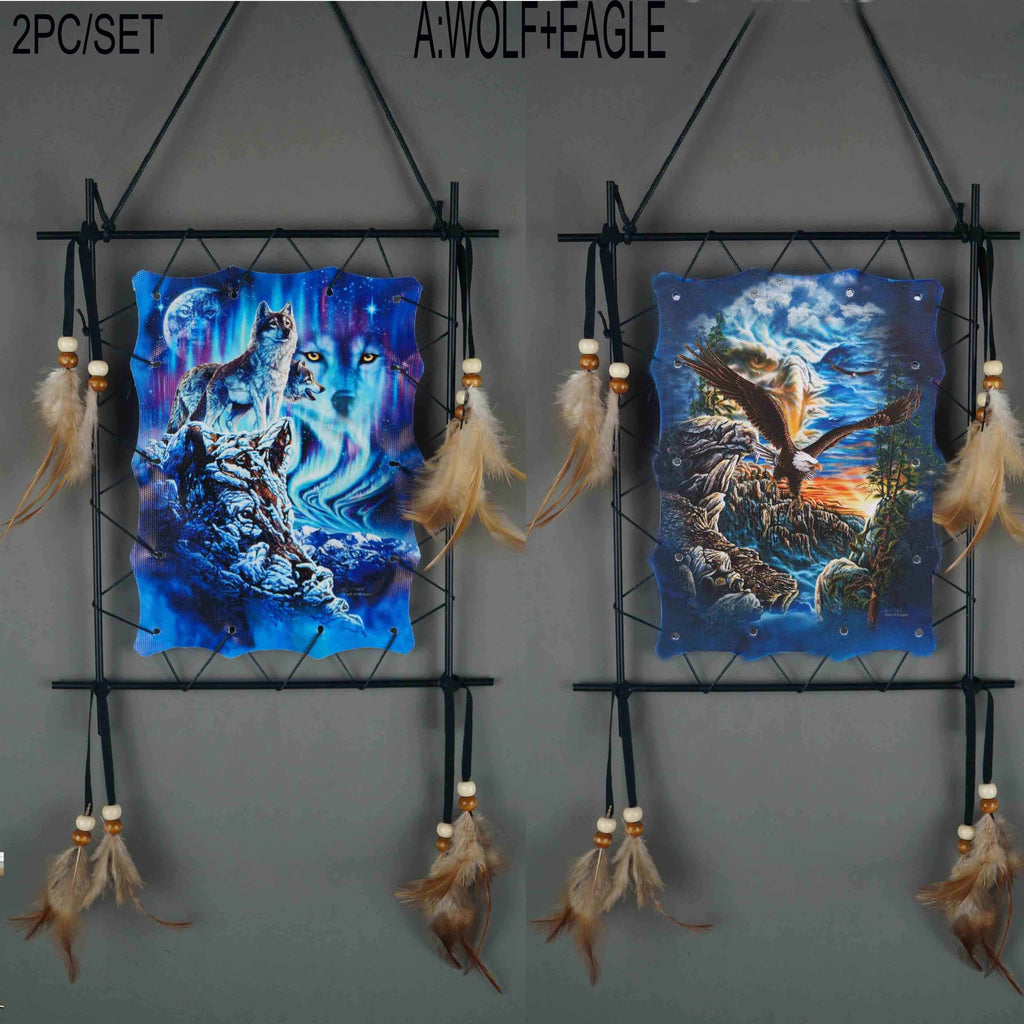 Wolf & Eagle Canvas Wall Art Set 2pc – Dream Catcher Style Framed Canvas Prints with Feather Accents for Living Room TV Wall Entryway Boho Decor