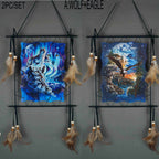 Wolf & Eagle Canvas Wall Art Set 2pc – Dream Catcher Style Framed Canvas Prints with Feather Accents for Living Room TV Wall Entryway Boho Decor