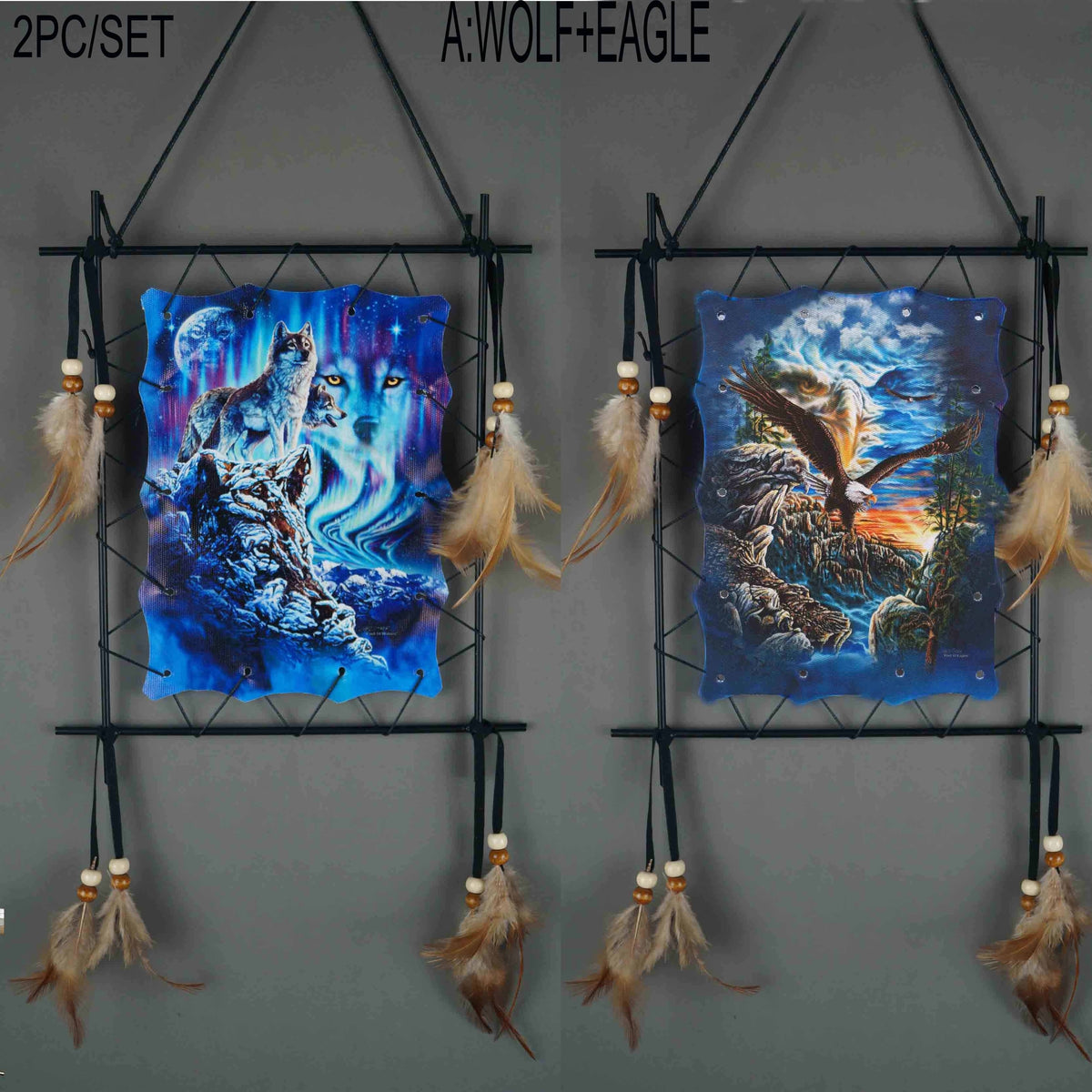 Wolf & Eagle Canvas Wall Art Set 2pc – Dream Catcher Style Framed Canvas Prints with Feather Accents for Living Room TV Wall Entryway Boho Decor