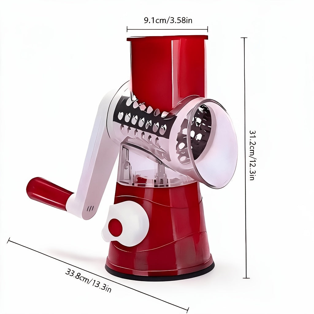 3-in-1 Manual Rotating Cheese & Vegetable Slicer with Interchangeable Drum – Handheld Stainless Steel Grater, Peeler & Chopper for Potatoes, Carrots, Cheese | Camping & Kitchen Use