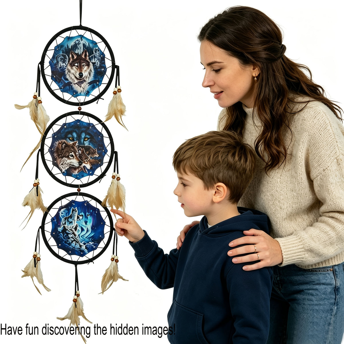 Wolf Dream Catcher Wall Decor – Boho Bedroom Wall Hanging Native American Style Dream Catcher Gift for Boys Kids Teen Room