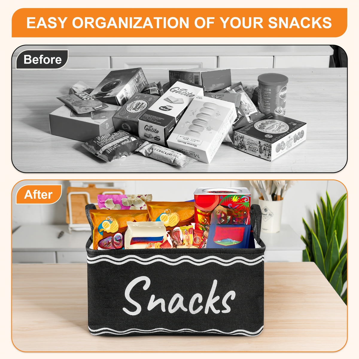 Large Snack Bin Organizer with 5 Chip Clips – Countertop Pantry Snack Basket for Chips, Pretzels, Cookies & Popcorn, Kitchen Organization Shelf Basket