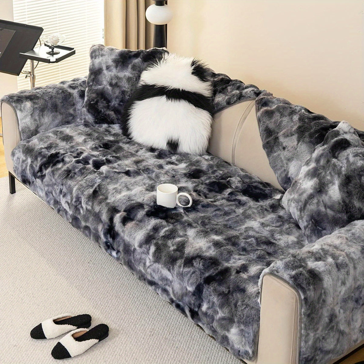 Gradient Faux Rabbit Plush Sofa Cover Non-Slip Furniture Protector – Armchair Loveseat 2 3 4 Seater Couch Cover, Armrest Backrest Pillow Case, 4 Colors 7 Sizes