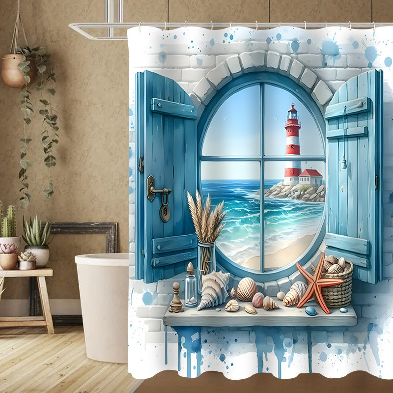 Lighthouse Shower Curtain Set 4 Piece - Window View Pattern Bathroom Set with Shower Curtain, Toilet Seat Cover, U-Shape Mat & 12 Hooks, Apartment Hotel Bathroom Decor
