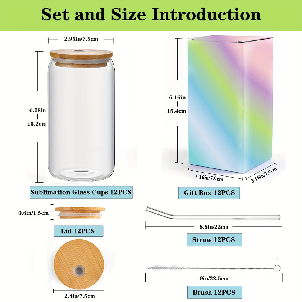 Sublimation Glass Tumbler Bulk Set 12 Pack with Bamboo Lid Straw & Brush – 16oz Clear or Frosted Cups for DIY Crafts, Parties & Everyday Drinking