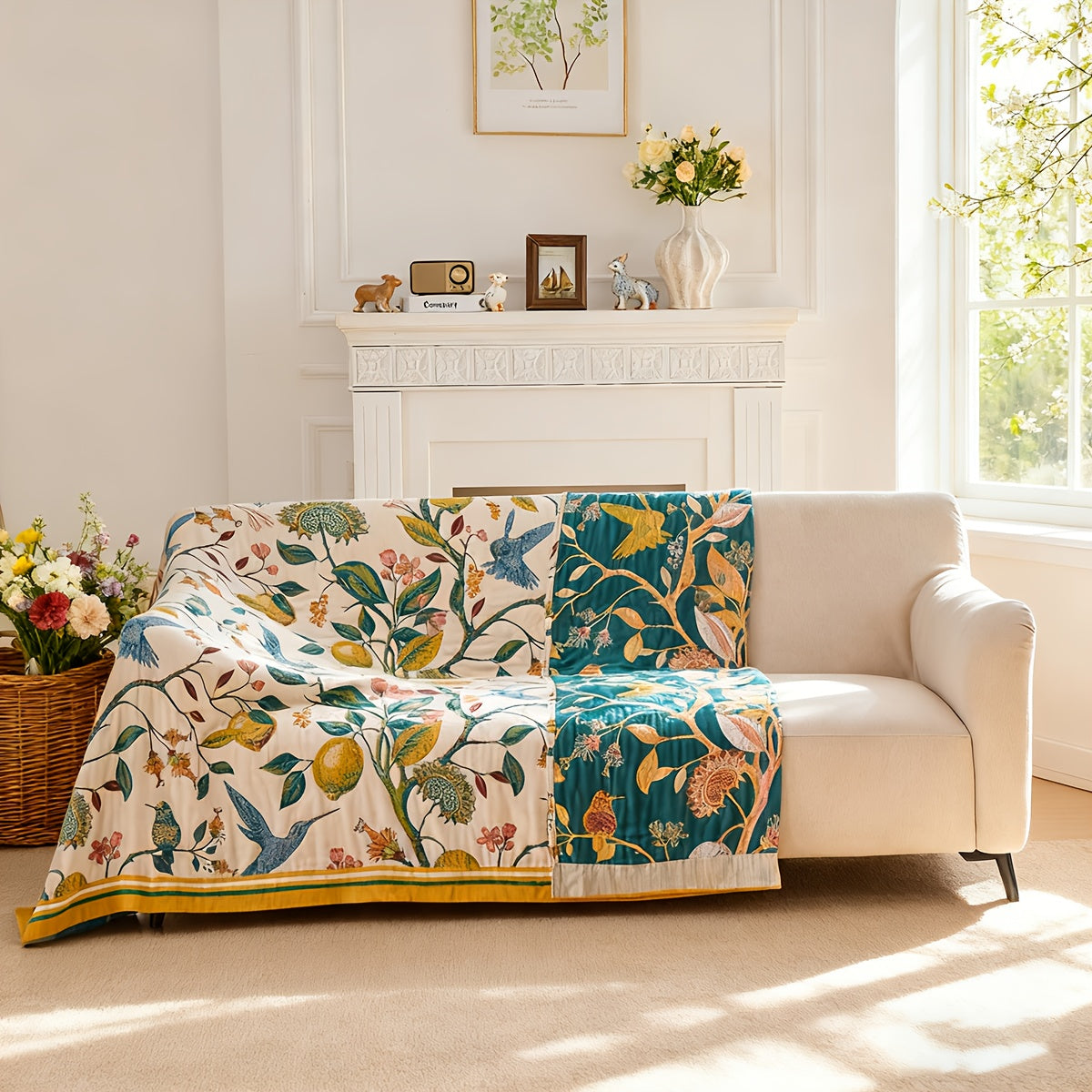Boho Cotton Throw Blanket Twin Queen King – 100% Cotton Soft Luxury Reversible Quilt, Floral Lemon Print Farmhouse Bohemian Bed Blanket for All Seasons