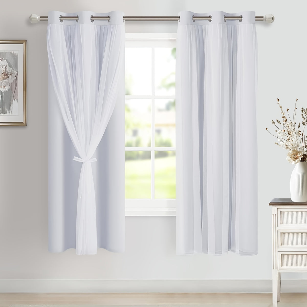 Double Layer Blackout Curtains with Sheer Overlay 2 Panels - Grommet Top Thermal Insulated Mix & Match Window Drapes with Tiebacks for Bedroom Living Room, All Season