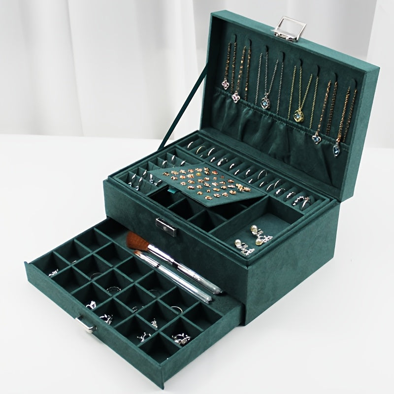 Luxury Velvet Jewelry Organizer Box with Drawers – Large Capacity High-End Jewelry Storage Case for Earrings, Rings, Necklaces & Bracelets, Travel Jewelry Box