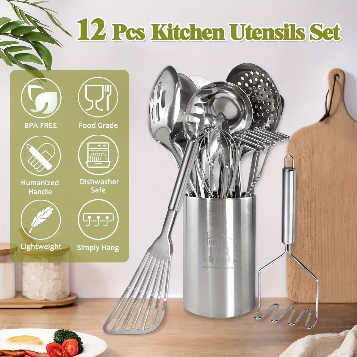 Stainless Steel Kitchen Utensils Set 12-Piece with Holder - Heat Resistant Cooking Utensils Set with Spatula, Ladle, Tongs, Whisk, Skimmer & More, Dishwasher Safe Metal Kitchen Tool Set