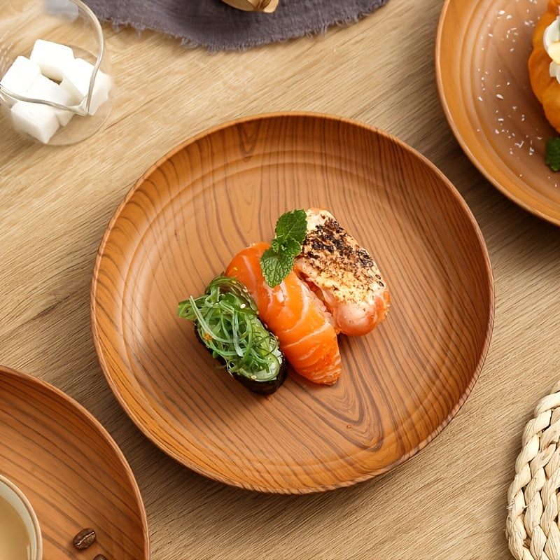 10-Piece Wood Grain Dinner Plates Set 7.8 Inch Thickened Plastic Plates Salad Breakfast Serving Trays Family Dining Multi-Use