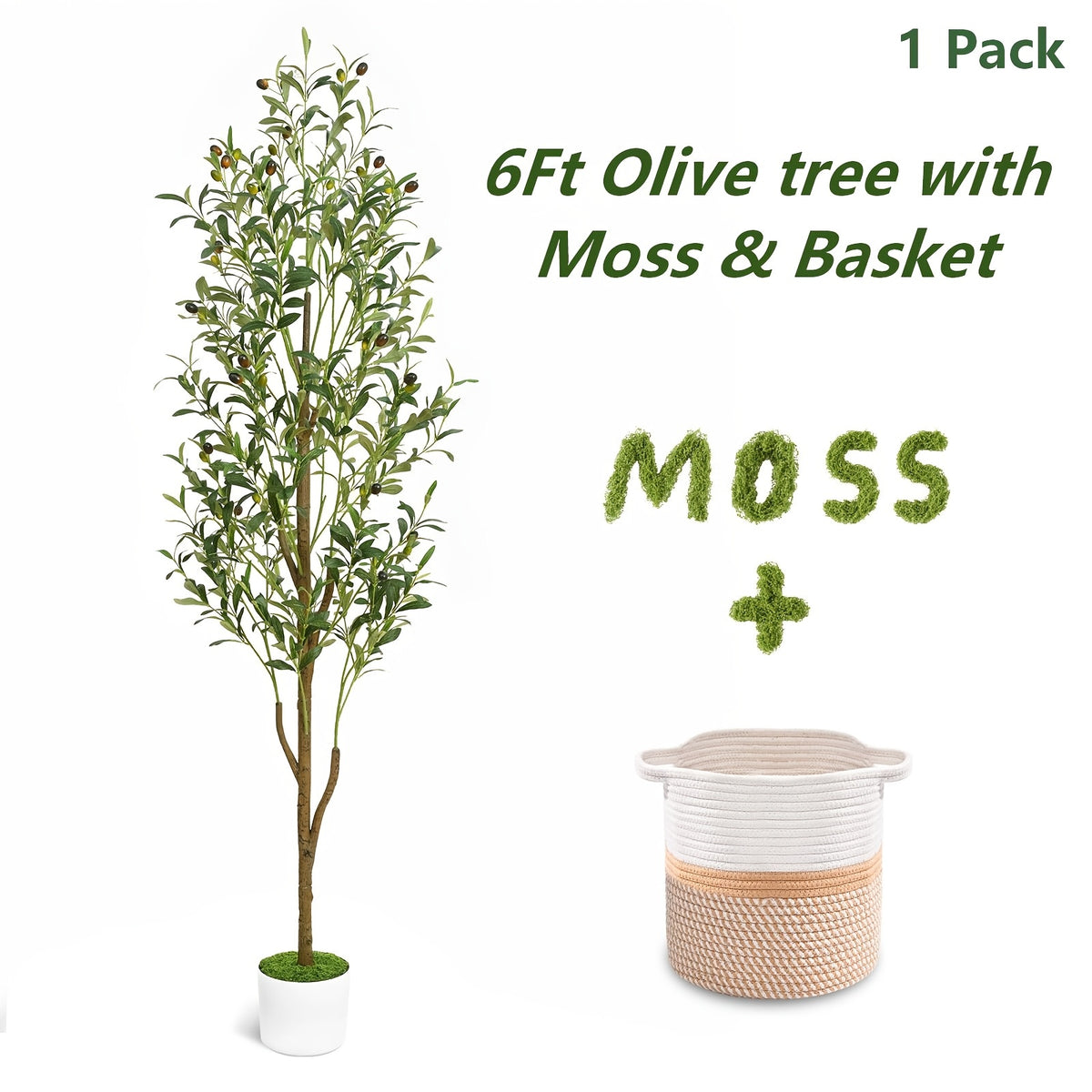 Artificial Olive Tree with Basket, Planter & Moss 5ft 6ft 7ft – Tall Indoor Fake Olive Plant with Realistic Wood Trunk, Lifelike Branches & Fruits for Office, Living Room & Spring Summer Home Decor