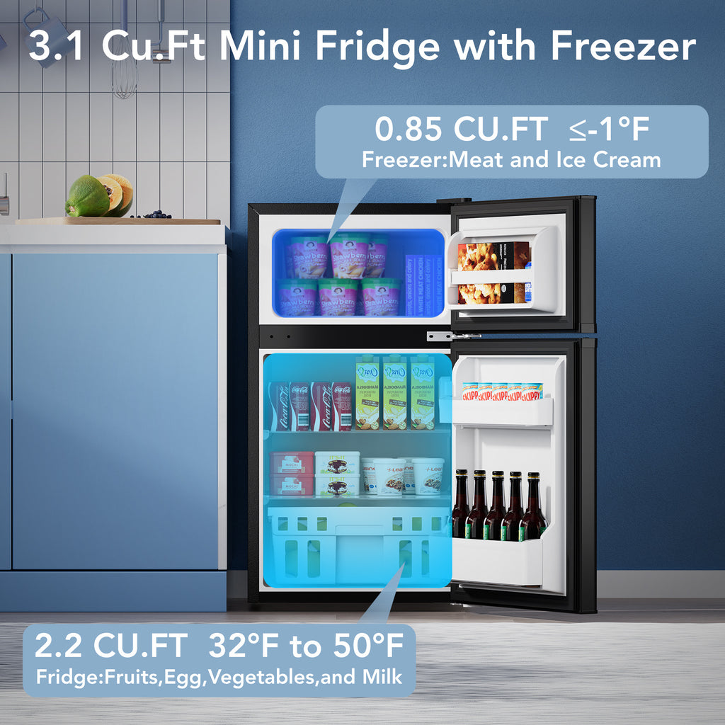 Compact Mini Fridge with Freezer 3.1 Cu Ft, 2-Door Small Refrigerator with Adjustable Glass Shelves for Bedroom, Office, Dorm, Kitchen & Apartment – Black or White