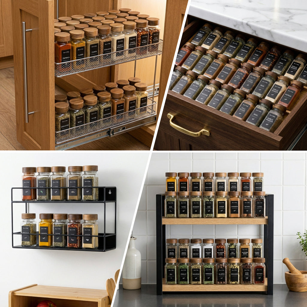 Glass Spice Jars Set with Acacia Wood Lids - 4oz Square Spice Bottles with Shaker Lids, Labels & Grinders for Kitchen Spice Storage and Organization