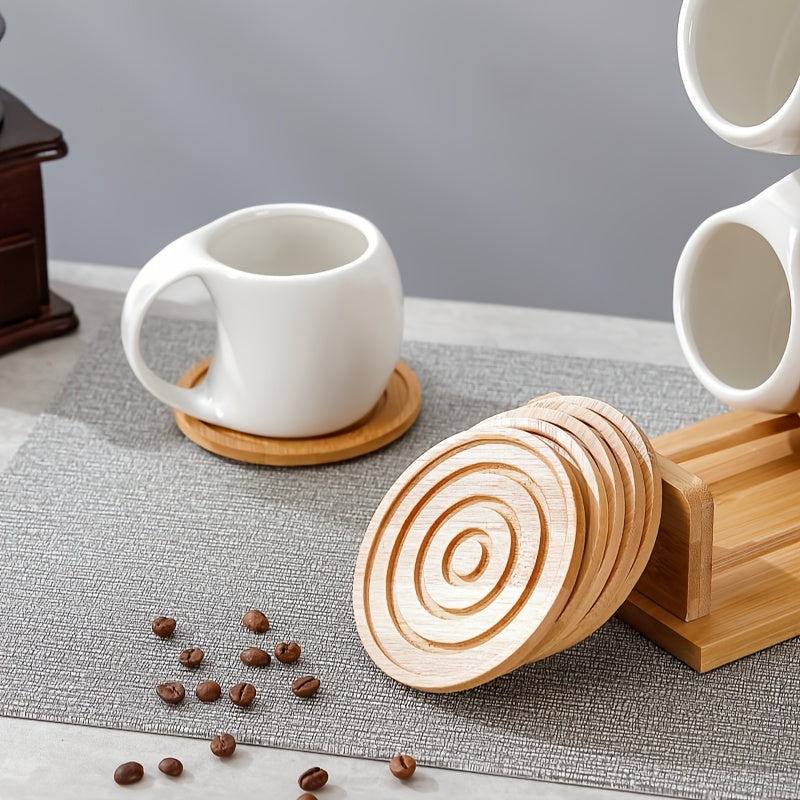 Ceramic Coffee Cup Set with Wooden Coaster and Cup Holder – 6 Piece 200ml 6.8oz for Latte Cappuccino Espresso Tea, Home Office Cafe Gift