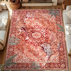 Tiger Jungle Area Rug – Washable Non-Slip Indoor Carpet for Living Room, Bedroom & Home Office | Red, Green, Beige | 5x7 to 9x12 ft | Nuvia Haven