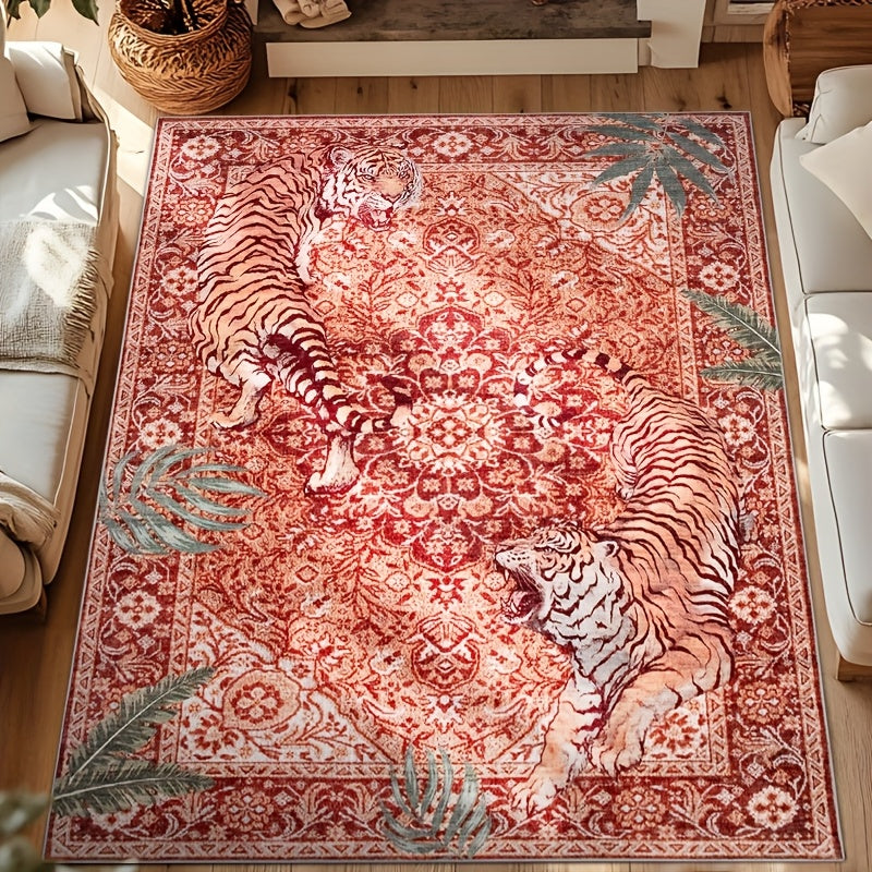 Tiger Jungle Area Rug – Washable Non-Slip Indoor Carpet for Living Room, Bedroom & Home Office | Red, Green, Beige | 5x7 to 9x12 ft | Nuvia Haven