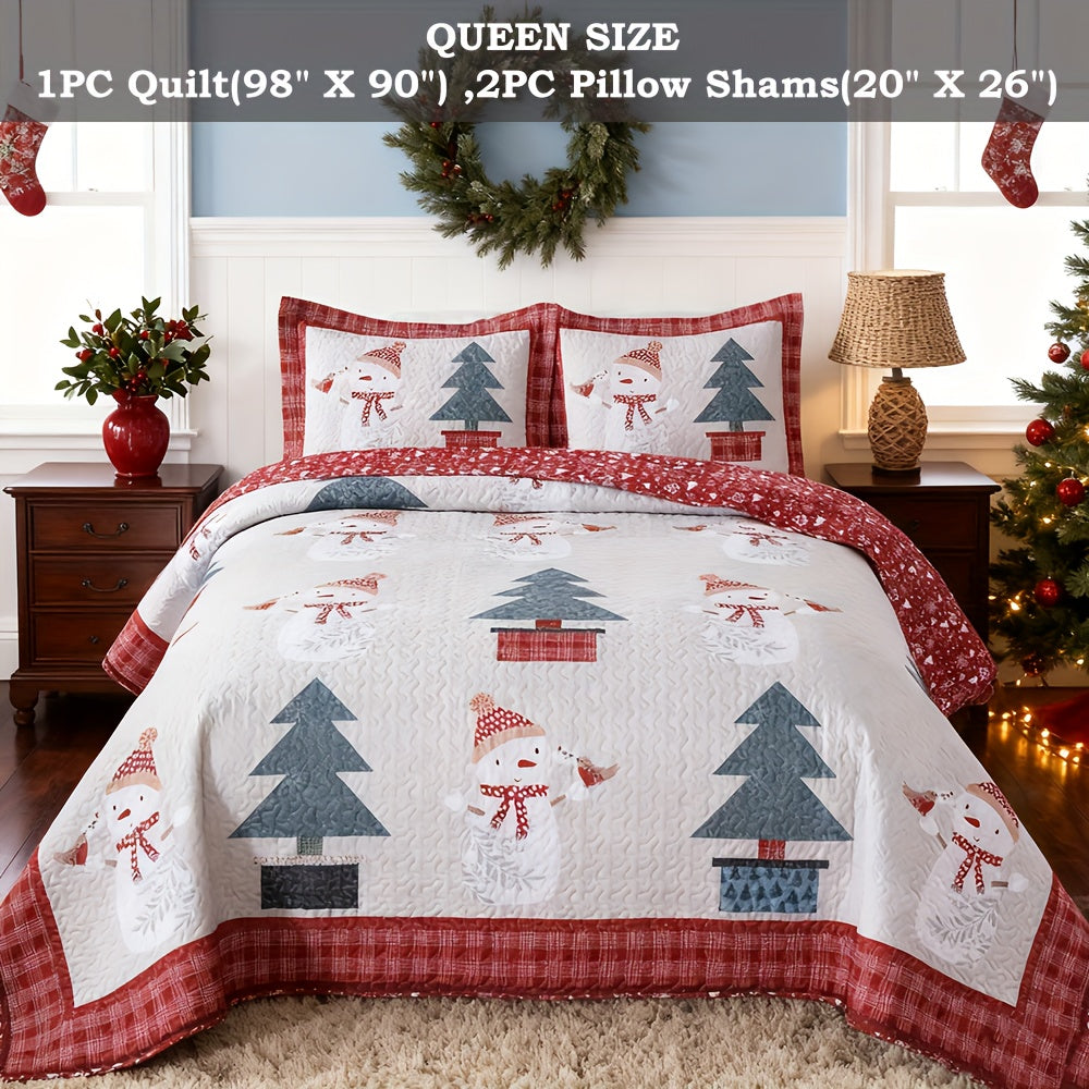 Christmas Quilt Set Queen King 3 Piece – Rustic Lodge Deer Snowman Snowflake Holiday Bedding Ensemble, Quilted Bedspread Coverlet with Pillow Shams, Machine Washable Lightweight Comforter
