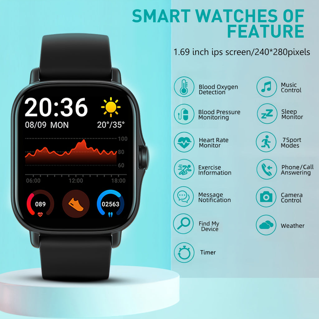 Large Screen Smartwatch with HD Voice Call, Multiple Sports Modes, Sleep Detection & Customizable Watch Faces – Compatible with Android & iPhone, Silicone Band