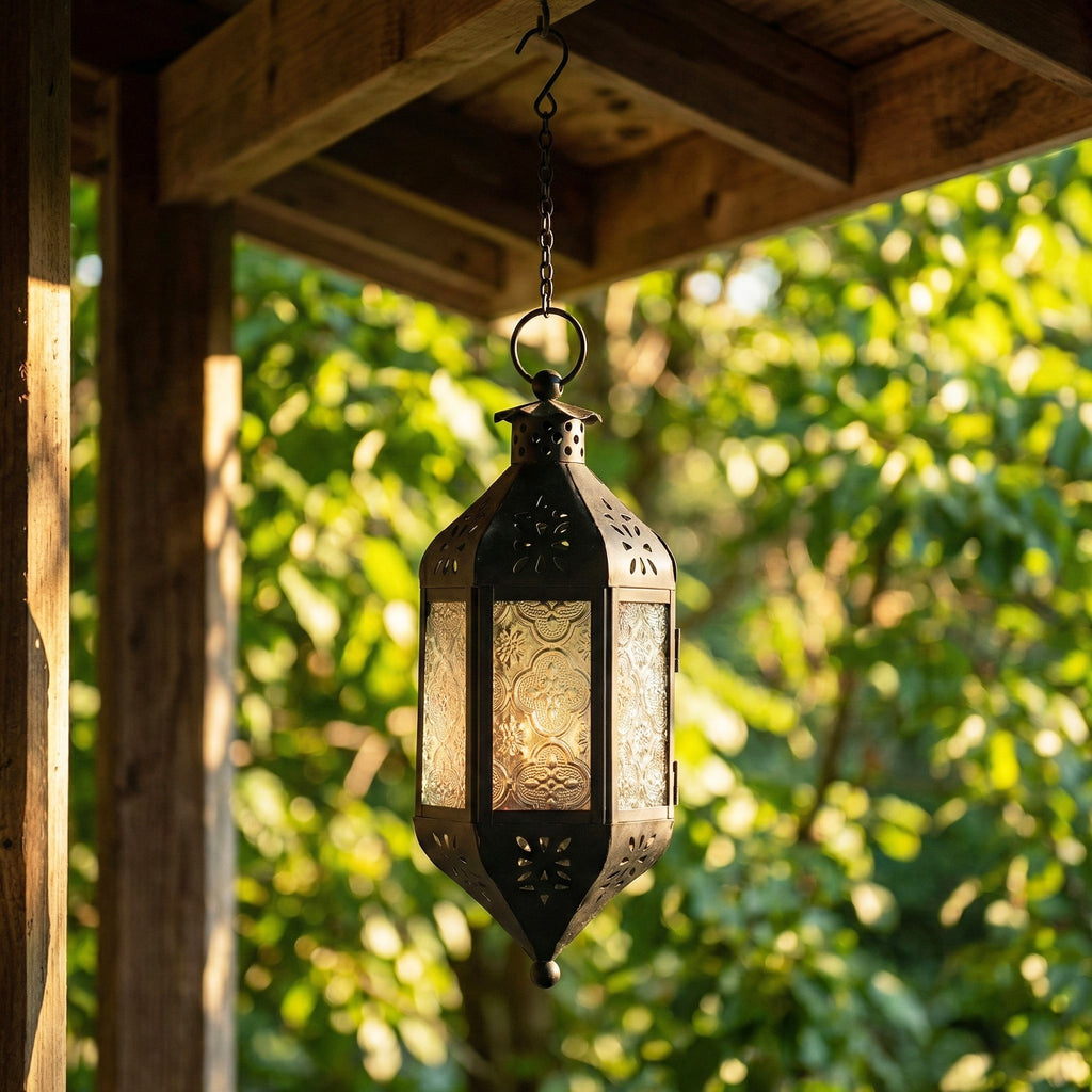 Moroccan Hanging Candle Lantern with Chain – Vintage Boho Style Iron & Glass Tealight Holder for Home, Patio, Garden, Wedding & Ramadan Decor (23.5" Overall)