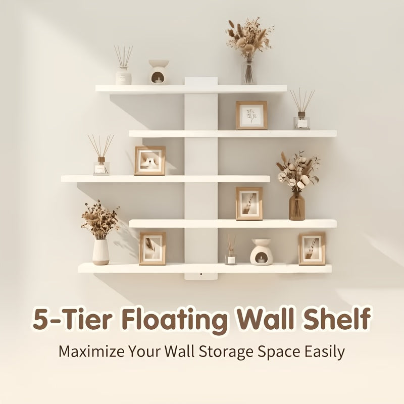 5-Tier Floating Wall Shelves Adjustable Display Rack – Modern Fiberboard Collectible Shelf for Action Figures, Building Blocks, Dolls & Statues, Decorative Storage Unit for Home & Office